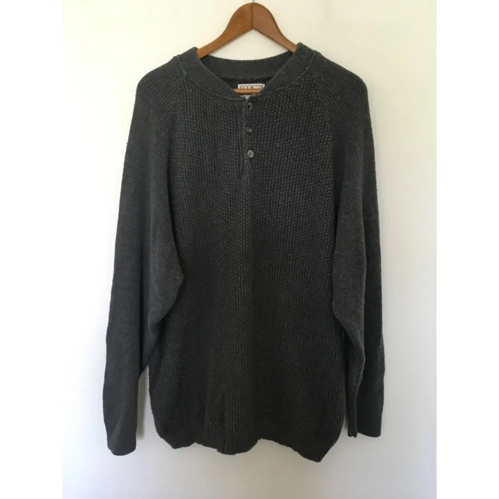 VTG LL Bean Knit Fisherman Henley Sweater Mens Sz L Gray BA50 Cotton Made In USA - Picture 1 of 13